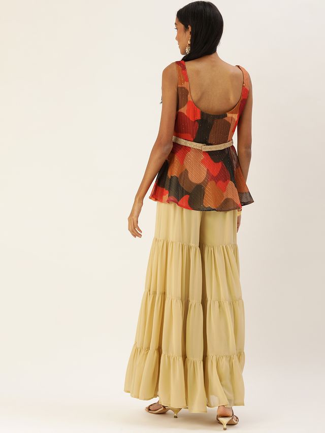 Bollywood Vogue Ready To Wear Multicolored Embroidered Peplum Top N Palazzo Set