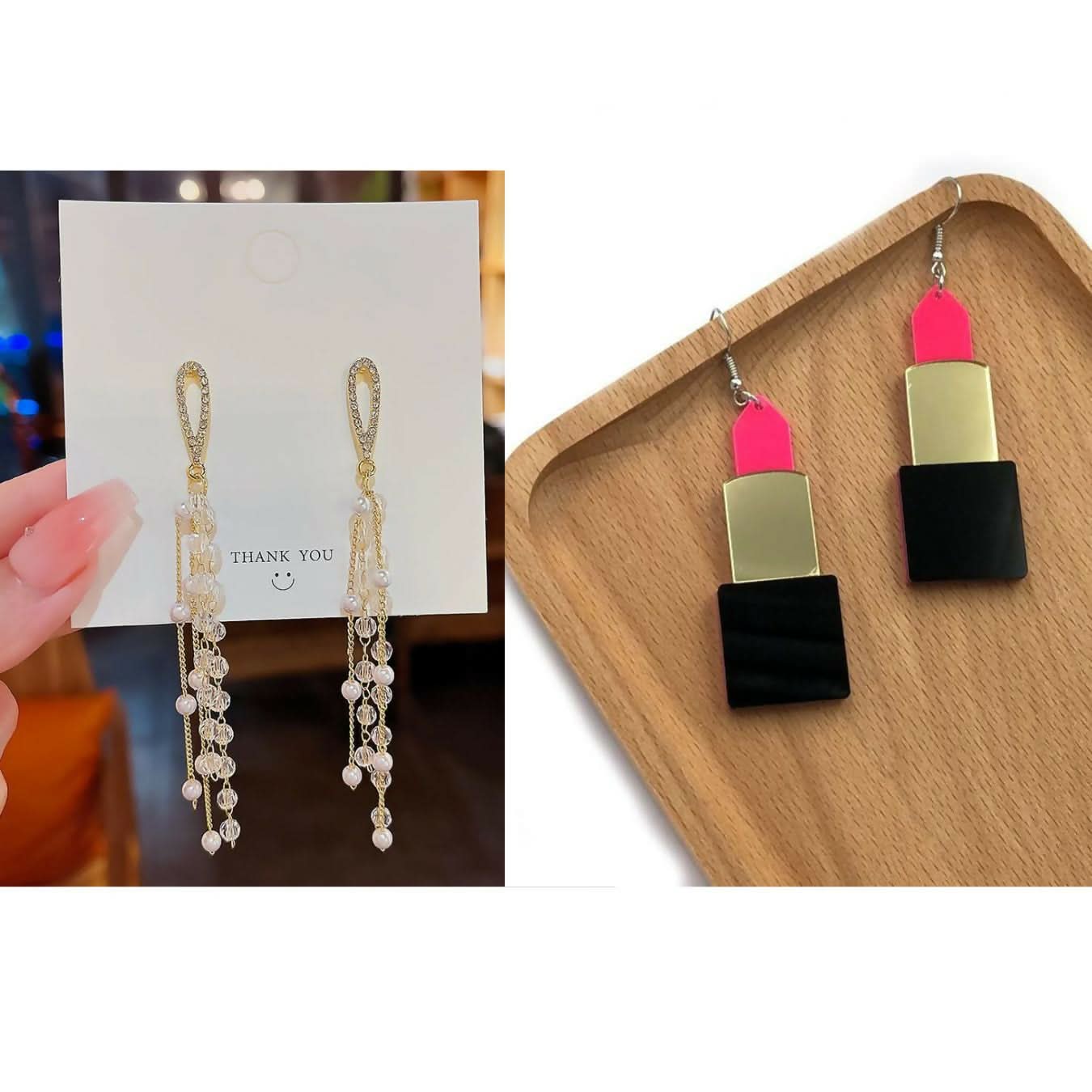 Playful & Chic Earrings Set of 2 Lipstick and Pear Drop Design Trendy Jewelry for Women & Girls pinapes