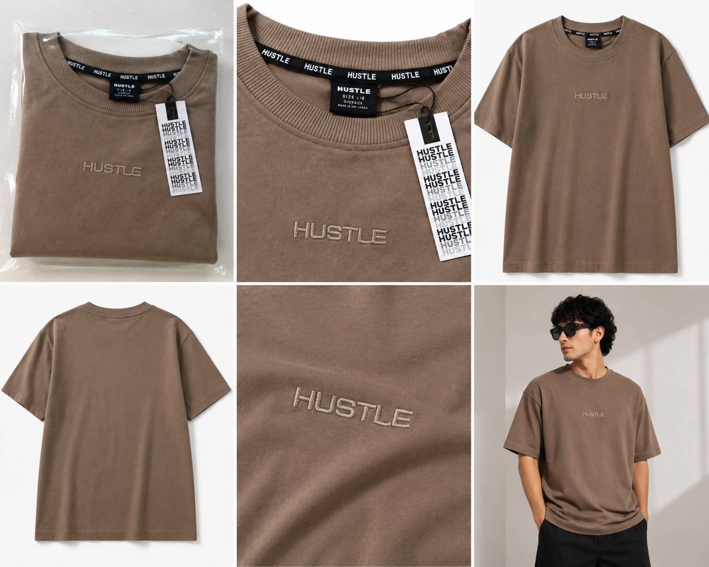 Hustle Oversized T-Shirt for Men – Brown/Taupe Half Sleeve | Embroidered Logo