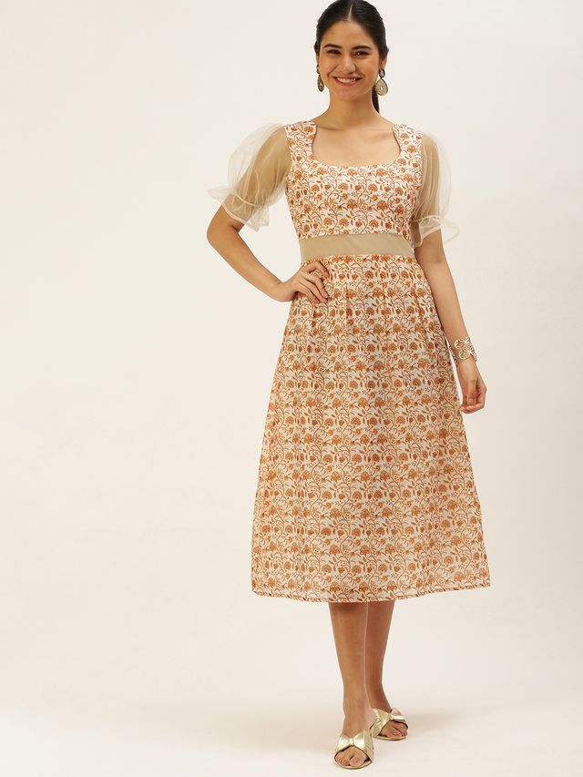 Bollywood Vogue Ready To Wear White Digital Printed Art Silk Dress