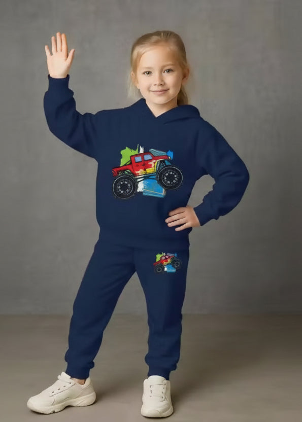 Kids Hooded Sweatshirt & Jogger Set – Monster Truck Graphic Printed Winter Wear (Blue) Luck Fashion