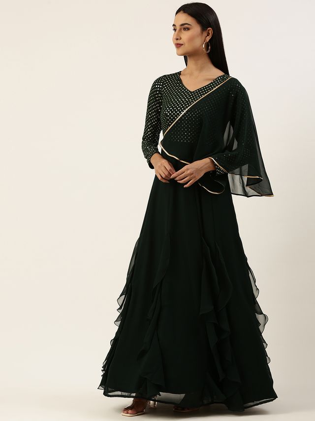 Bollywood Vogue Ready To Wear Green Embroidered Georgette Kali Flared Gown