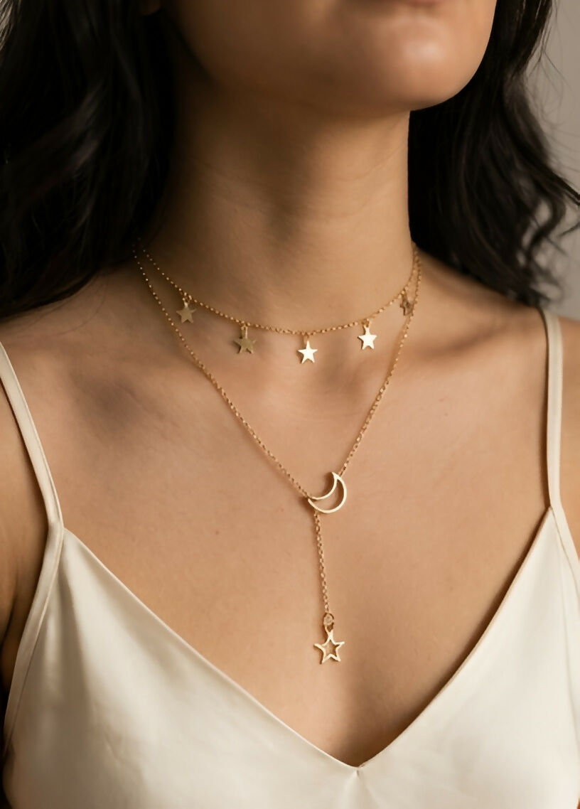 Celestial Star & Crescent Moon Necklace Set (2 Pieces)