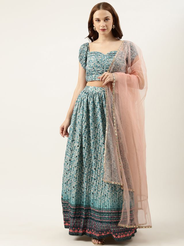Bollywood Vogue Ready To Wear Cream and Blue Printed N Embroidered Lehenga Set