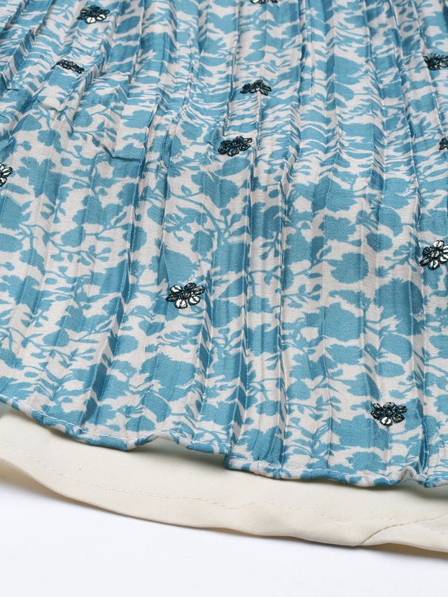 Bollywood Vogue Ready To Wear Cream N Blue Printed Chinon Skirt Set