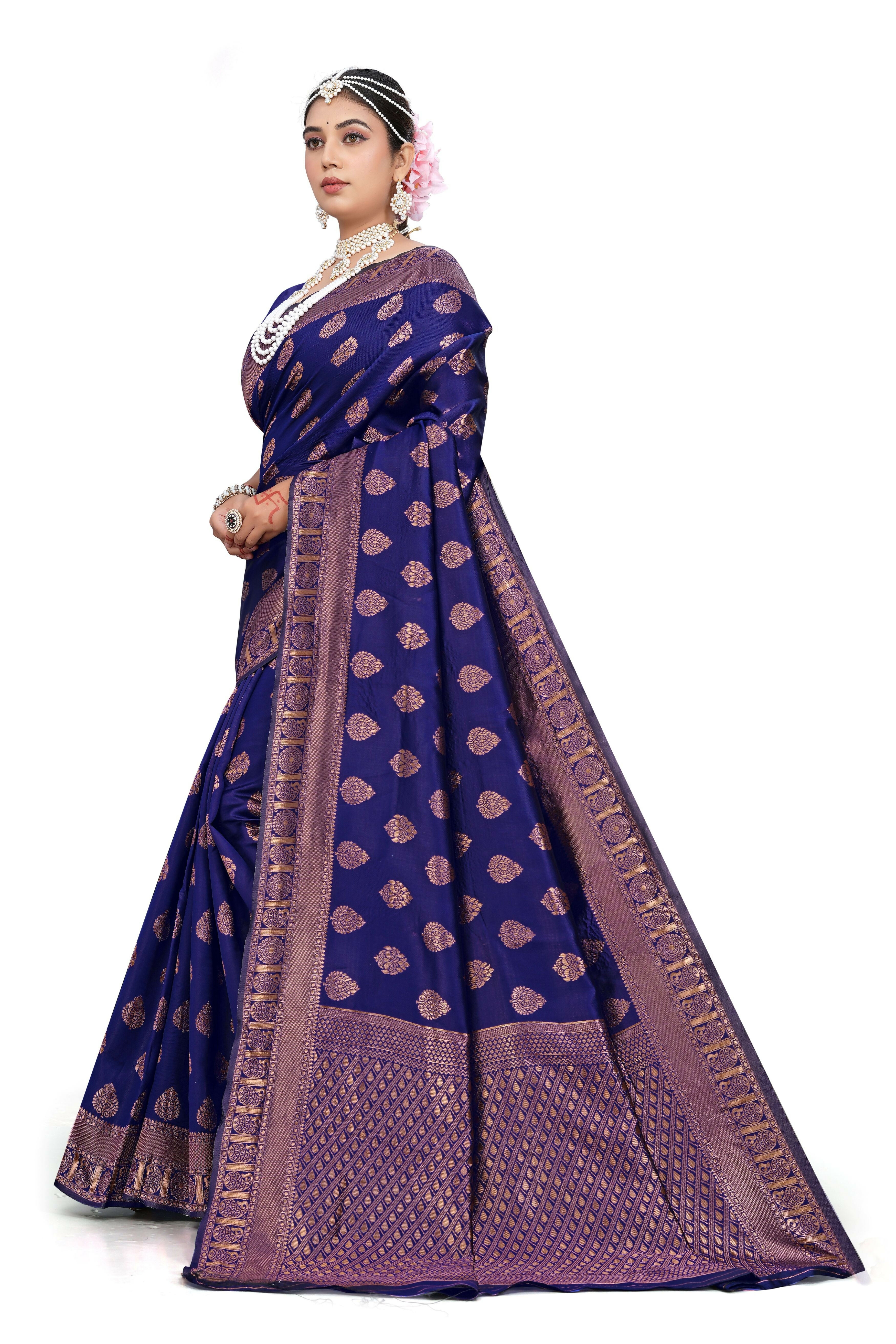 AXONIT Royal Blue Banarasi Silk Saree with Heavy Golden Zari Border & Pallu