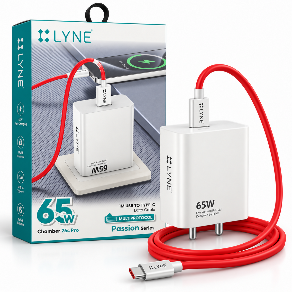 LYNE Chamber 26C Pro 65W Multiprotocol Fast Charger with USB Output & 1M USB to Type-C Cable