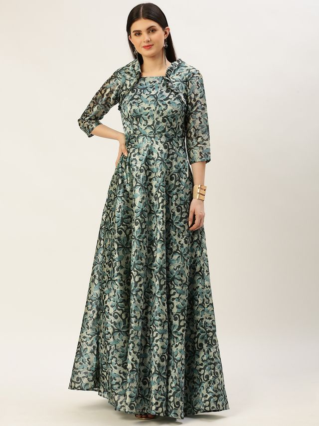 Bollywood Vogue Ready To Wear Sage Green Digital Printed Maxi Dress