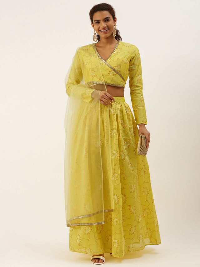 Bollywood Vogue Ready To Wear Yellow Foil Printed Art Silk Gathered Lehenga