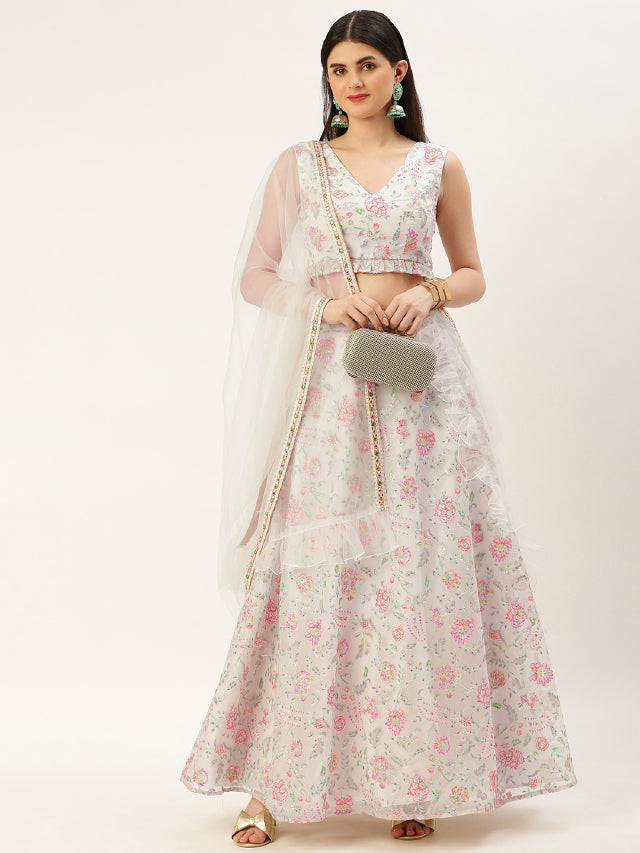 Bollywood Vogue Ready To Wear White Embroidered Organza Lehenga Set