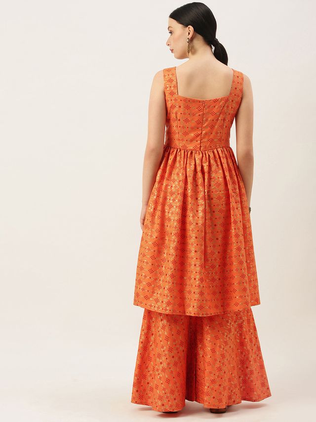Bollywood Vogue Ready To Wear Orange Printed Kurta N Gharara Set