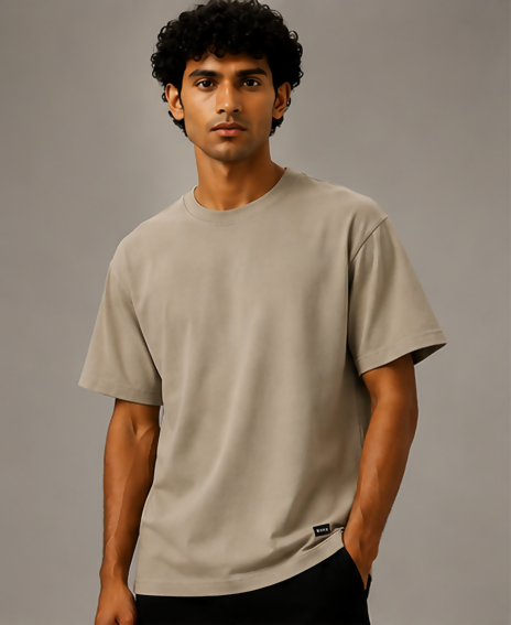 HUSTLE Men's Crew Neck Relaxed Fit T-Shirt – Dusky Cream(relax fit)