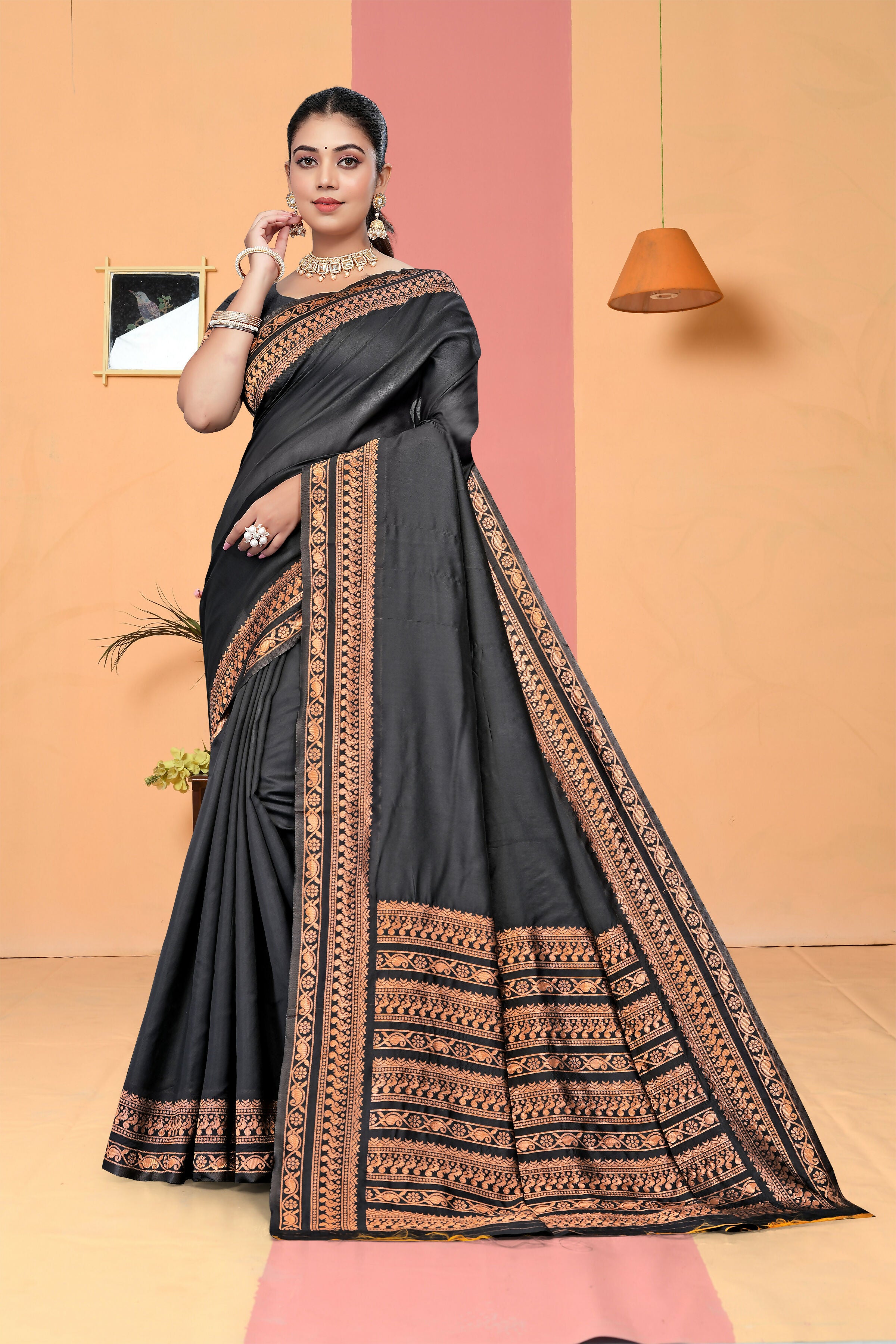 AXONIT Black Banarasi Silk Saree with Antique Copper Zari Border & Pallu
