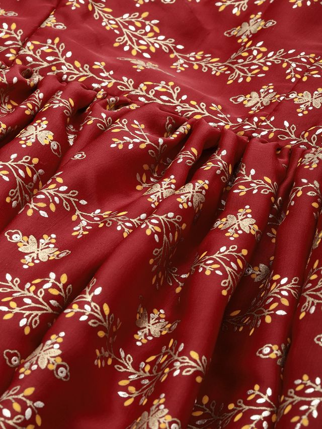 Bollywood Vogue Ready To Wear Maroon Art Silk Foil Printed Gown