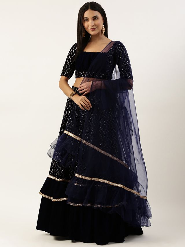 Bollywood Vogue Ready To Wear Blue Velvet Embroidered Lehenga Set