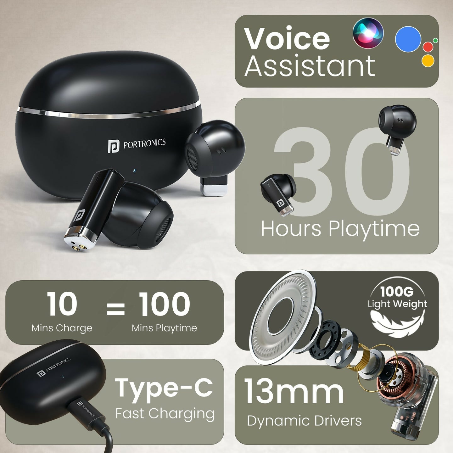 Portronics Twins one in Ear Earbuds with Deep Bass, Upto 30 Hours Playtime,13mm Dynamic Driver, Game/Music Mode, Bluetooth V6.0, Voice Assistant, Type C Fast Charging Buds, Lightweight Design(Black)