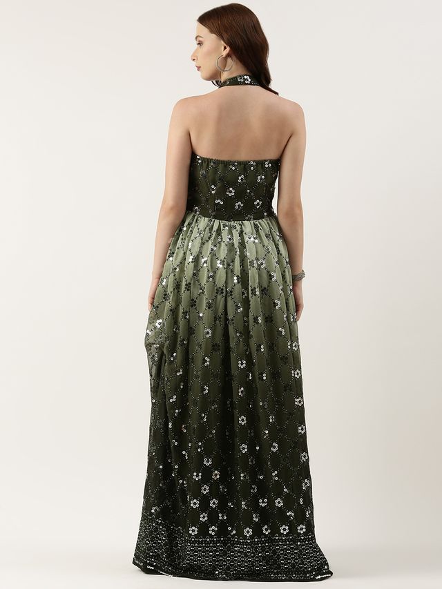 Bollywood Vogue Ready To Wear Green Georgette Embroidered Halter Neck Gown