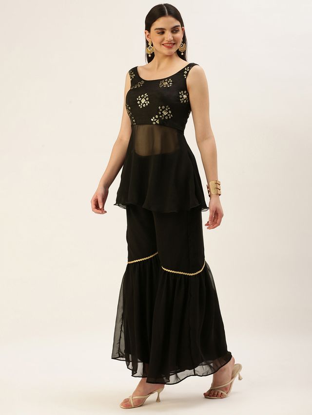 Bollywood Vogue Ready To Wear Black Chinon Embroidered N Sequins Gharara Set