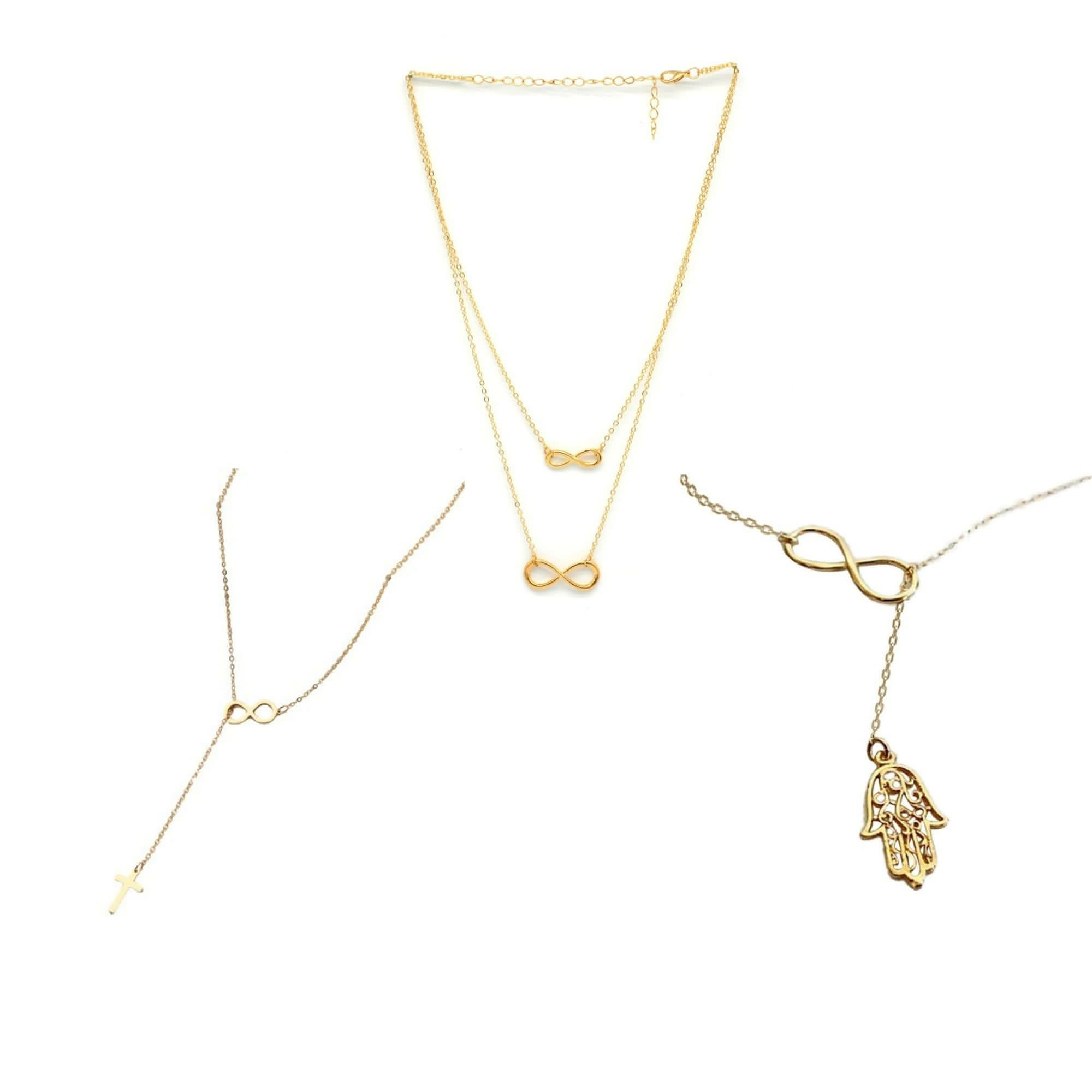Faith & Protection: Infinity Cross & Hamza Gold Necklace Set of 3 pinapes
