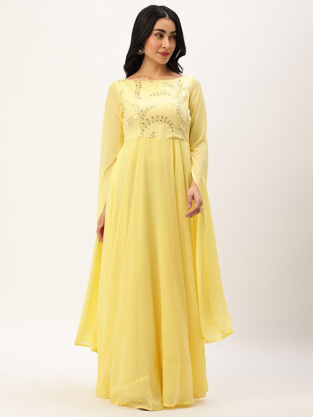 Bollywood Vogue Ready To Wear Yellow Net Embroidered Indowestern Set