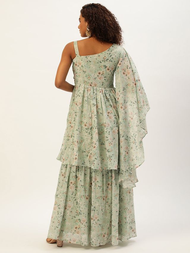 Bollywood Vogue Ready To Wear Green Muslin Digital Printed Gown