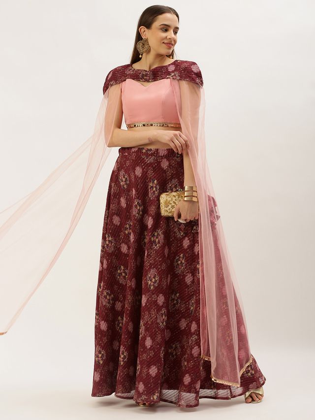 Bollywood Vogue Ready To Wear Wine Georgette Printed Cape Lehenga Set