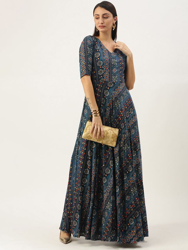 Bollywood Vogue Ready To Wear Dark Blue Printed Angarkha Gown