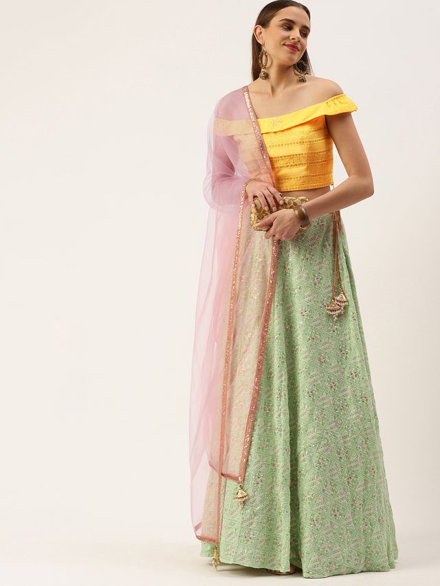 Bollywood Vogue Ready To Wear Yellow N Green Off Shoulder Style Lehenga