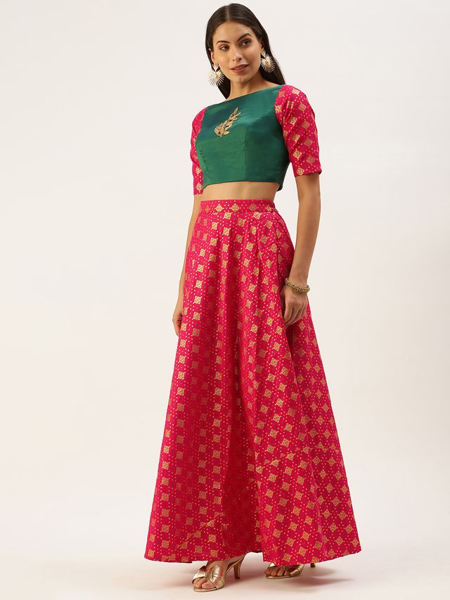 Bollywood Vogue Ready To Wear Red Jacquard N Green Zero Shoulder Lehenga Set