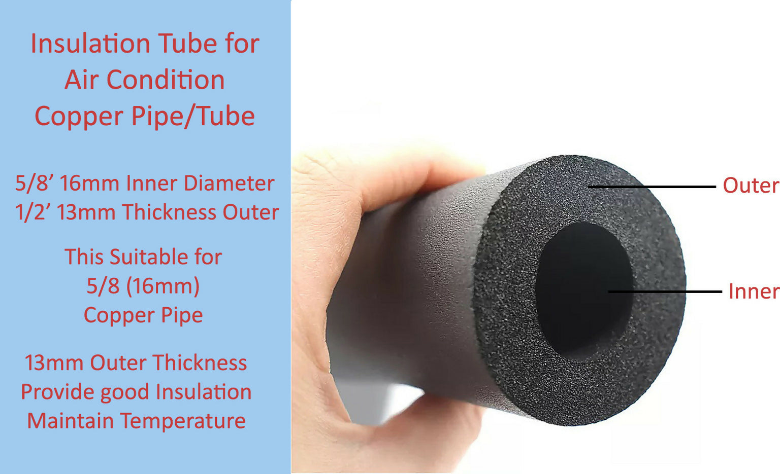 Foam Heat Insulated Tube For Air Conditioner Nitrile Tubes Thikness Piping Heat And Cold Insulation Air Conditioners Black Pack of1 5/8 16mm * 1/2 13mm Hose Pipe (173 cm)