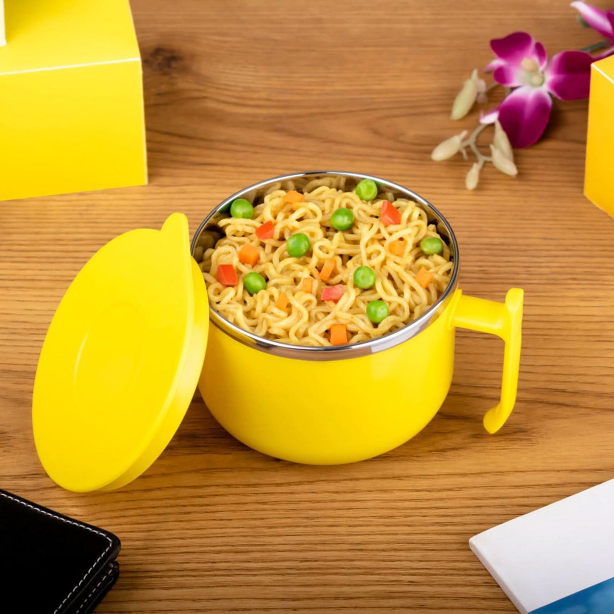 Microwave-Safe Maggi Bowl with Handle and Lid – Ideal for Instant Noodles, Soups, and Snacks (Random Colour) HP DD
