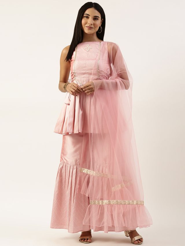 Bollywood Vogue Ready To Wear Rouge Pink Art Silk Kurta N Gharara Set