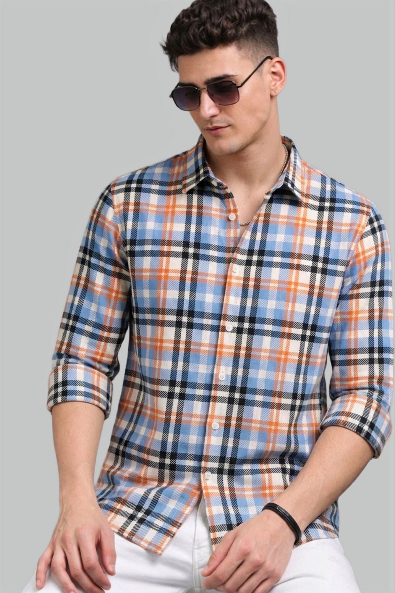 Henshika Men Checkered Casual Full Sleeve Shirt – New Chex – Orange - Front View