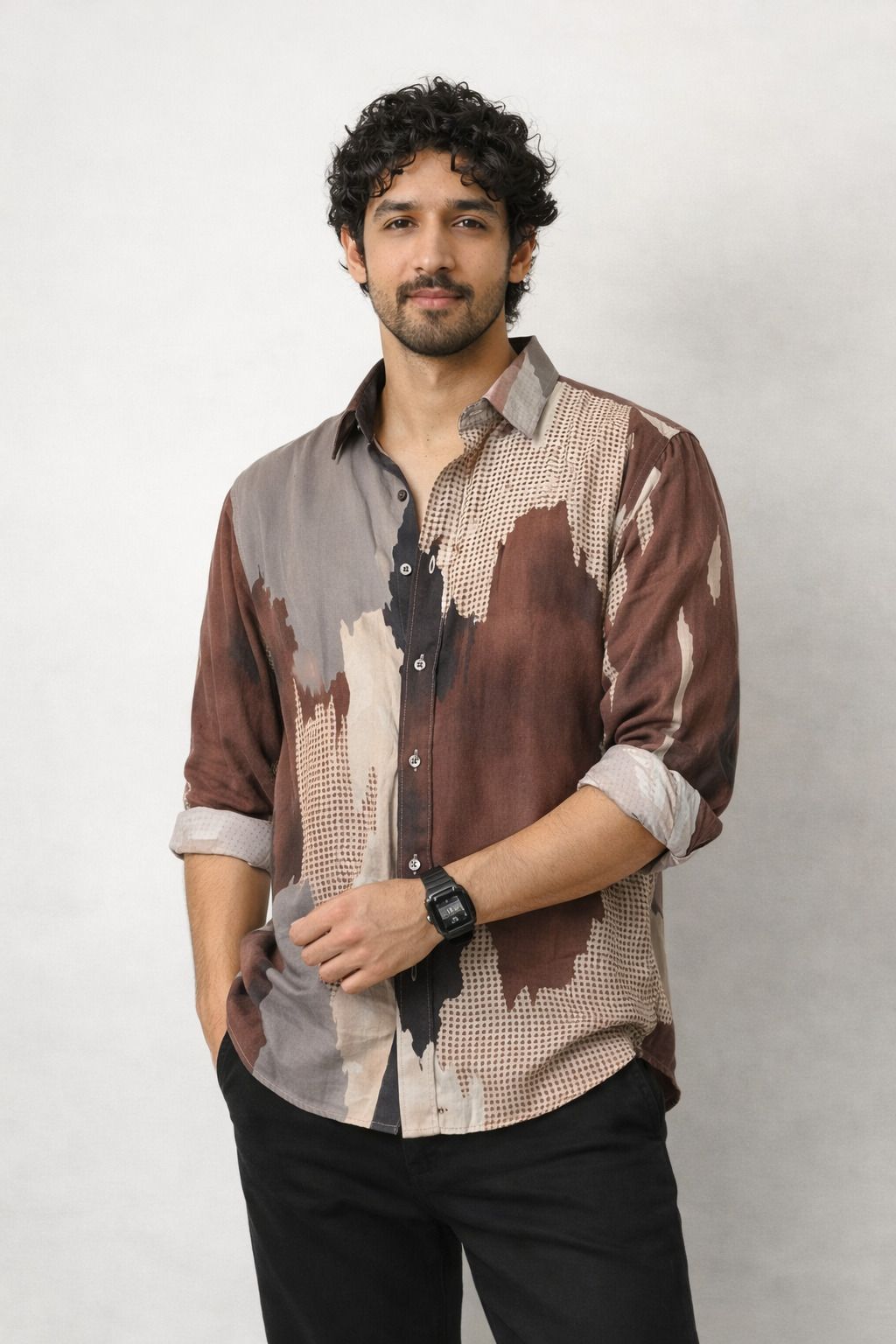 Henshika Men Printed Casual Full Sleeve Shirt – Peddi Series – Brown - Front View