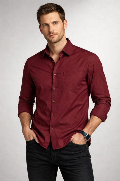 Henshika Men Solid Casual Full Sleeve Shirt – Maroon - Front View