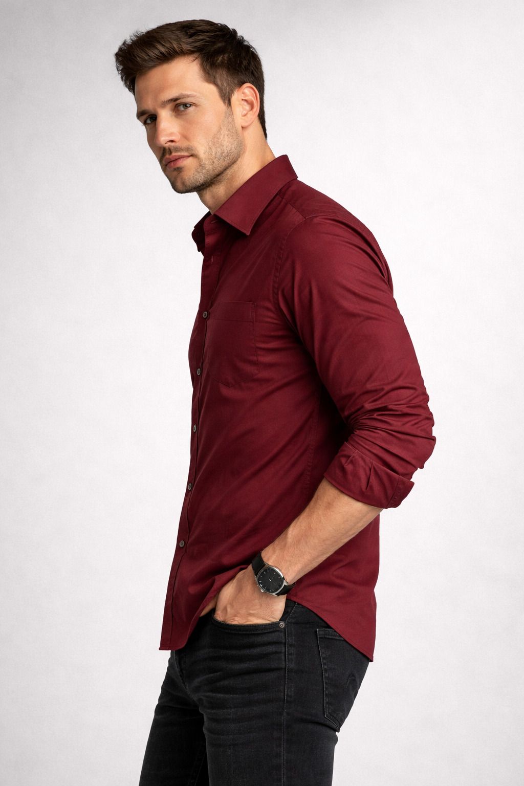 Henshika Men Solid Casual Full Sleeve Shirt – Maroon - View 3