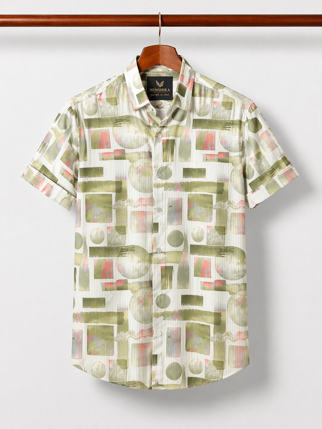 HENSHIKA Men Printed Casual Shirt Combo - Green & Blue (Bubble Print) - Back View