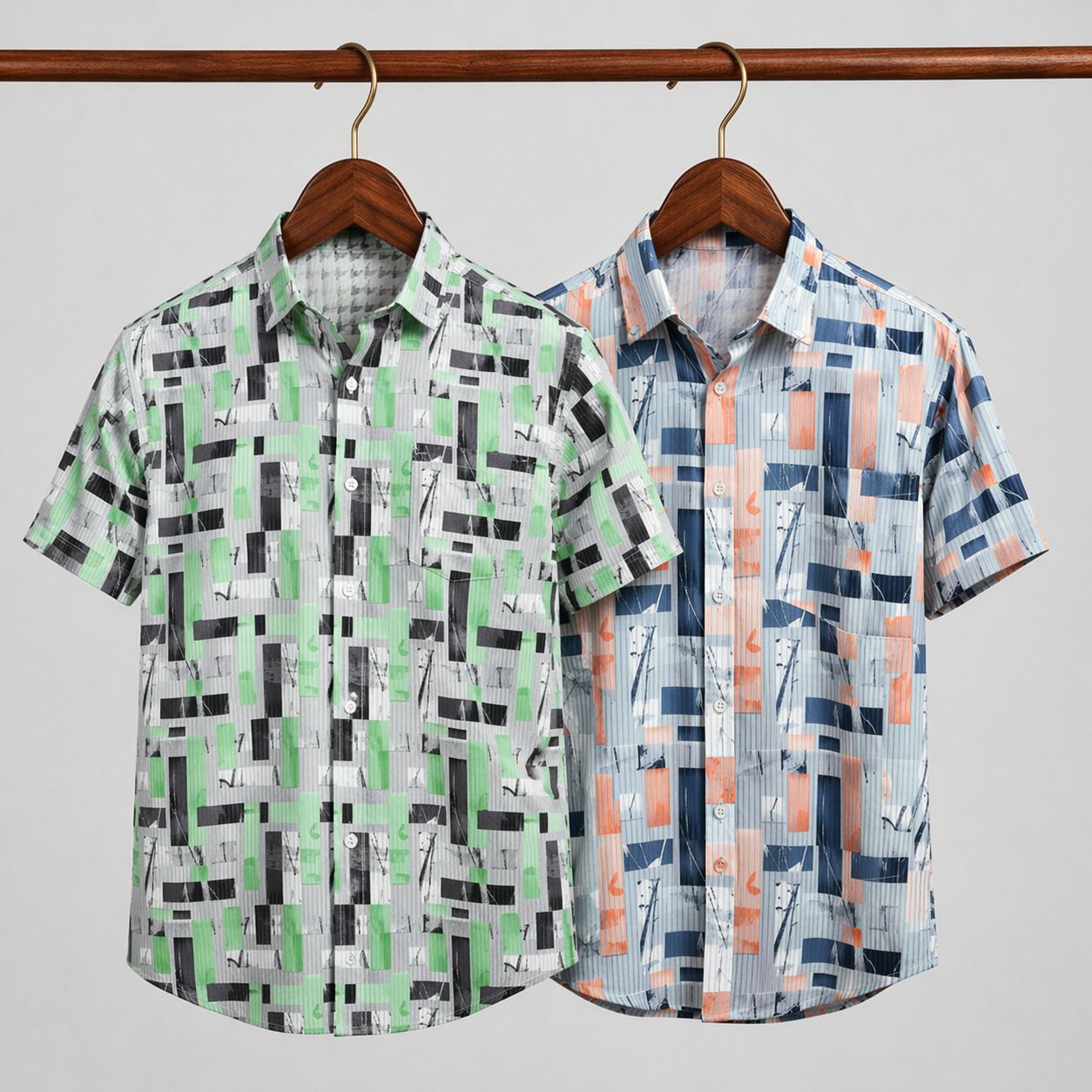 HENSHIKA Men Printed Casual Shirt Combo - Green & Orange (Line Print) - Front View