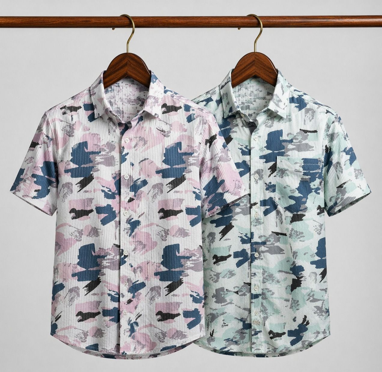 HENSHIKA Men Printed Casual Shirt Combo - Pink & Green (Airforce Print) - Front View