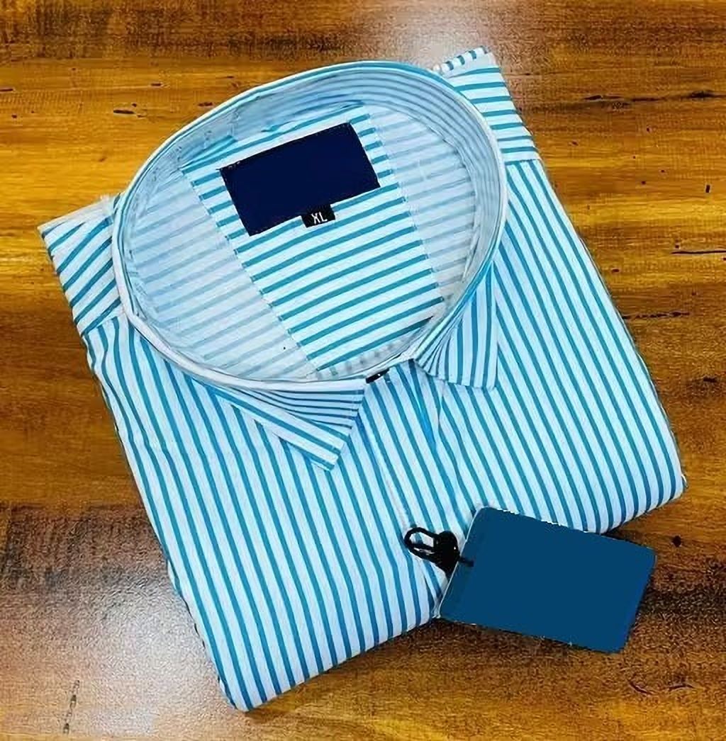 Henshika Men Striped Casual Full Sleeve Shirt – Small Line – Light Blue::White - Front View