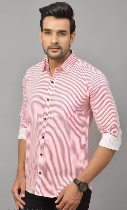 Henshika Men Striped Casual Full Sleeve Shirt – Small Line – Pink::White - View 2