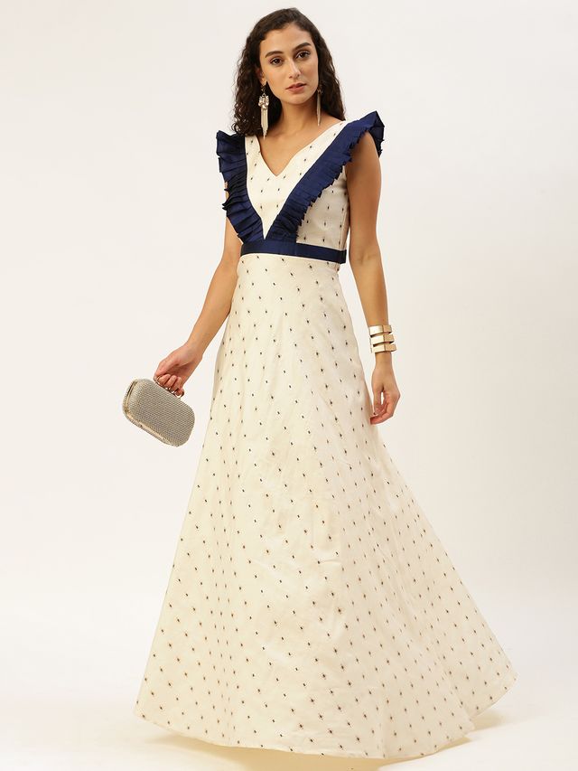 Bollywood Vogue Ready To Wear Cream Satin Jacquard Ruffled Dress