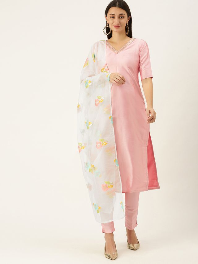 Bollywood Vogue Ready To Wear Pink Art Silk N Off White Organza Straight Suit