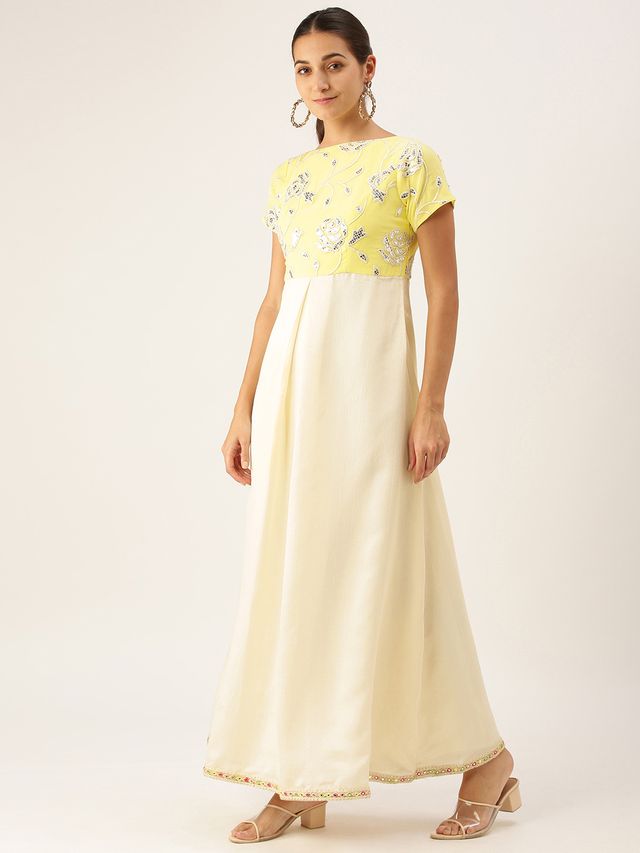 Bollywood Vogue Ready To Wear Beige N Yellow Embroidered Pleated Dress