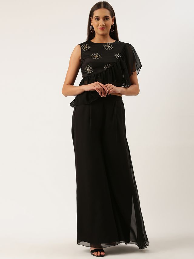 Bollywood Vogue Ready To Wear Black Chinnon Embroidered Palazzo Set