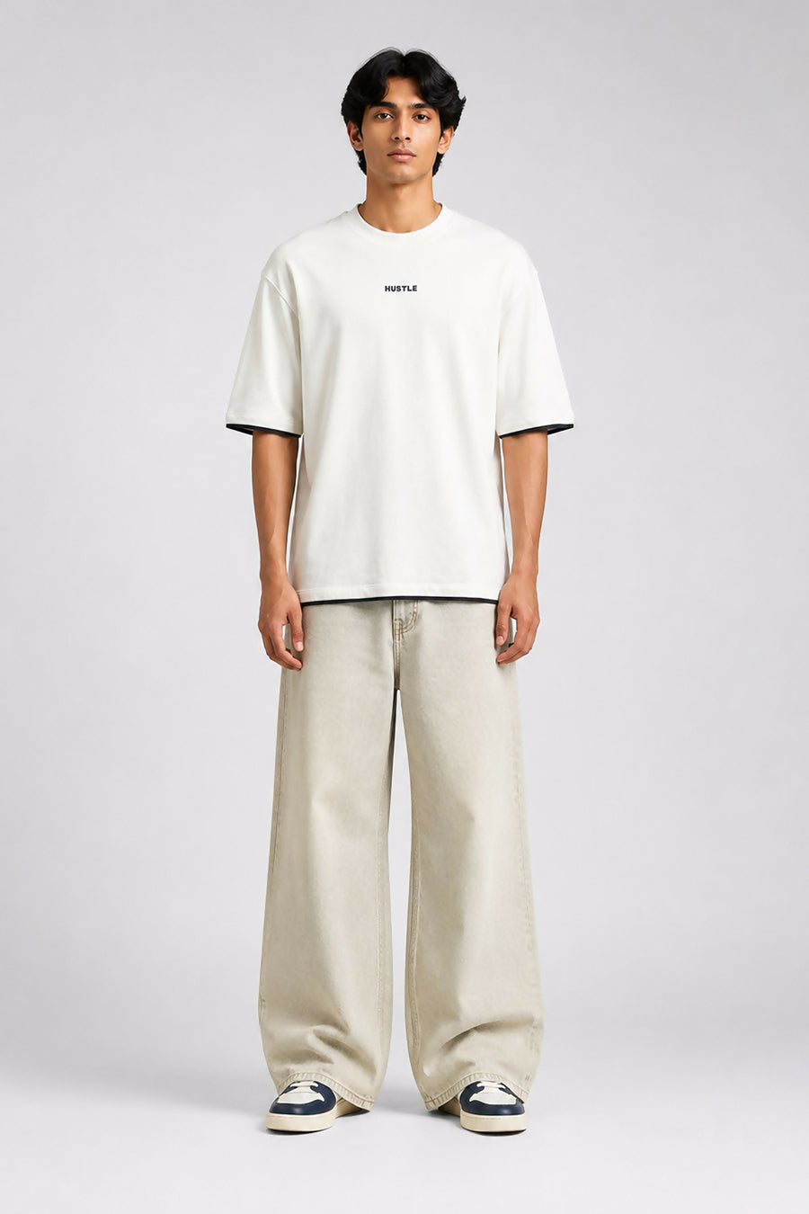 HUSTLE Men's Crew Neck Oversized Tees - White
