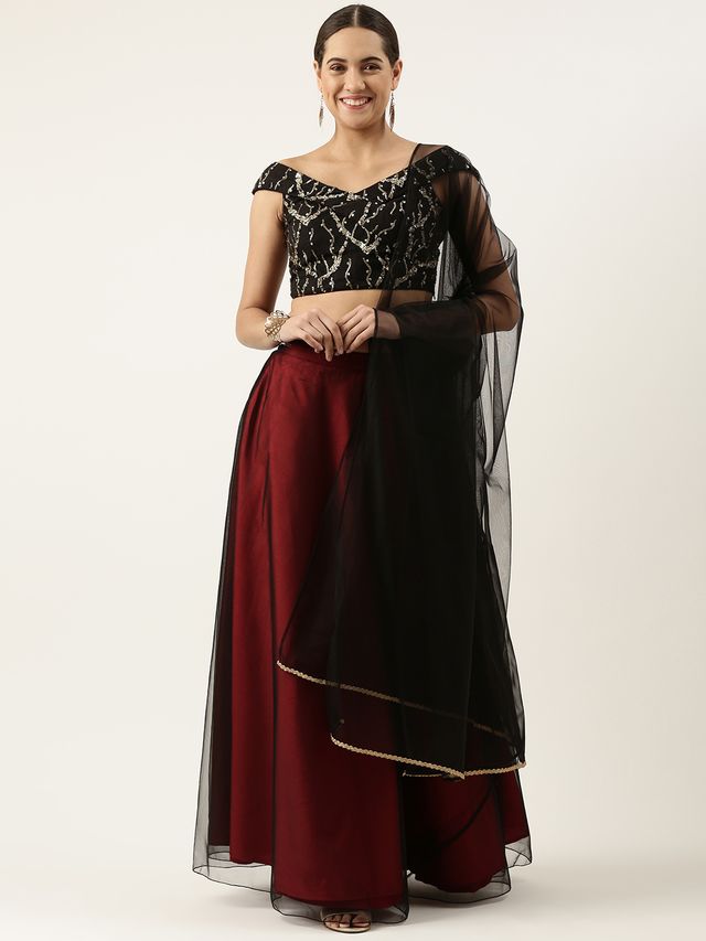 Bollywood Vogue Ready To Wear Black Net Sequins Embroidery Lehenga