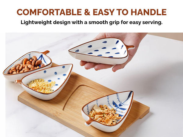 Rioware 120ml Leaf-Shaped Ceramic Serving Platter with Wooden Board | 4 Small Glossy Snack Tray | Perfect for Serving Sweets, Cookies, Dry Fruits, Mouth Freshener & Snacks (Blue & White)