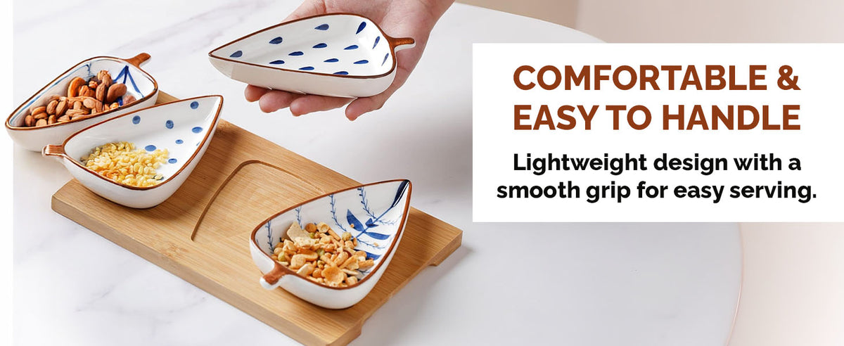 Rioware 120ml Leaf-Shaped Ceramic Serving Platter with Wooden Board | 4 Small Glossy Snack Tray | Perfect for Serving Sweets, Cookies, Dry Fruits, Mouth Freshener & Snacks (Blue & White)
