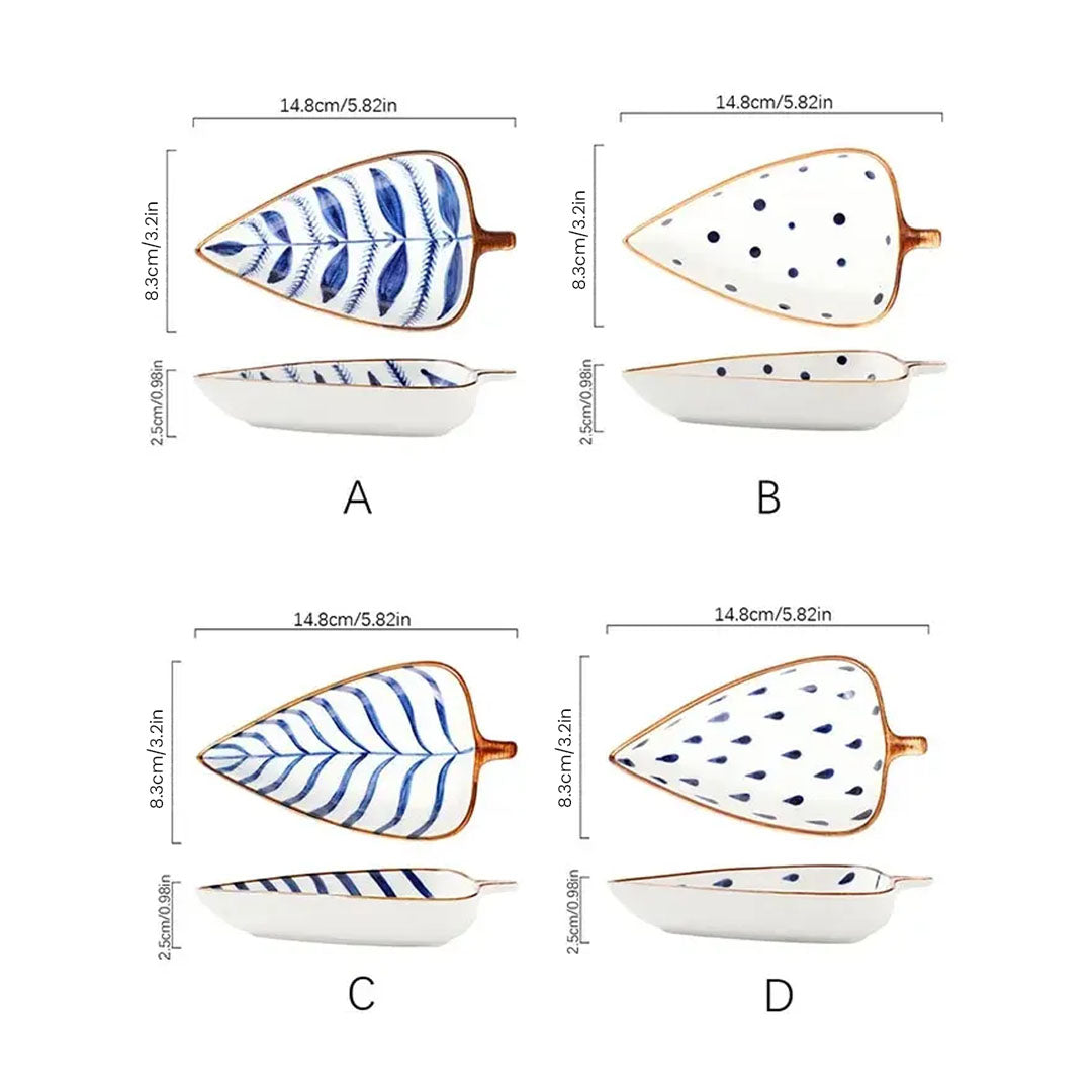 Rioware 120ml Leaf-Shaped Ceramic Serving Platter with Wooden Board | 4 Small Glossy Snack Tray | Perfect for Serving Sweets, Cookies, Dry Fruits, Mouth Freshener & Snacks (Blue & White)